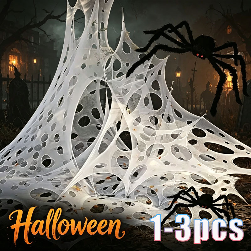 Spider Web Halloween Decoration - 1x2m、1x4m、2x4mのサイズの、ハロウィーン用の装飾用人工蜘蛛の巣。伸縮性があり、家の庭や不気味なパーティー、ホラー装飾に最適。