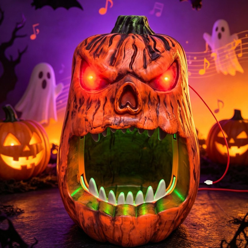 Pumpkin Lantern Halloween - ハロウィンLEDライト付きパンプキンキャンディボウル、音声起動スカルフェイスランタン、屋外パーティーのトリック・トリート装飾小道具