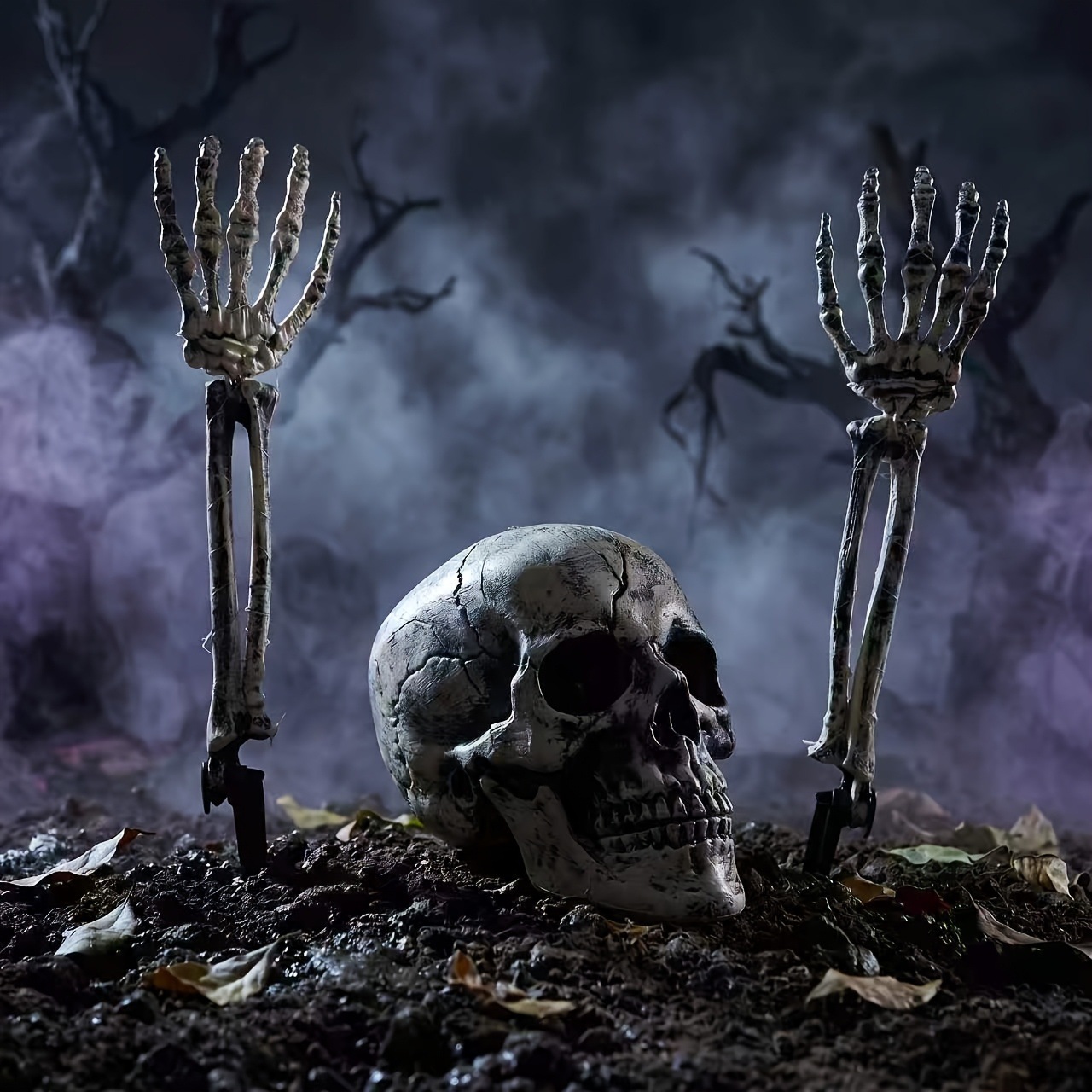 Halloween Skeleton Decoration - ハロウィーン用ガーデンデコレーション3点セット：骸骨の頭と手の形をした装飾品、屋外用、芝生や庭、墓地の装飾に。