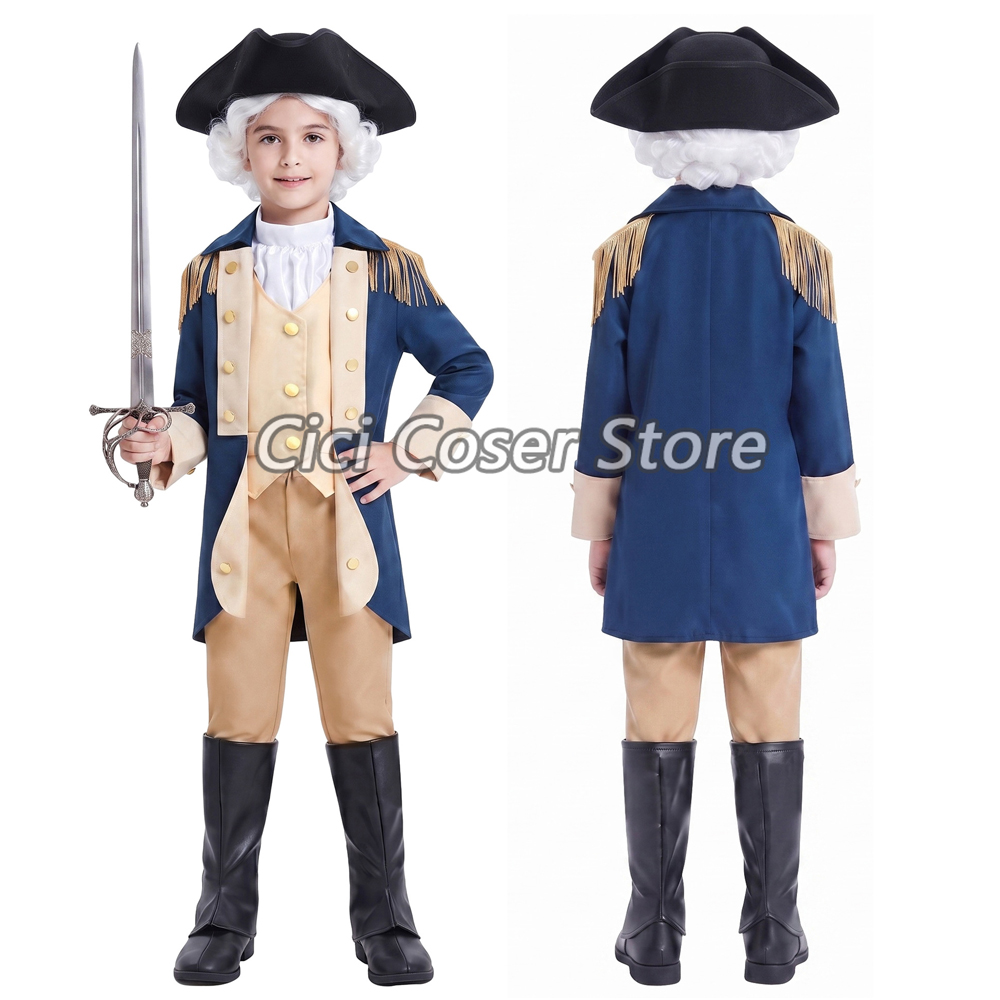 Halloween Costume Kids - 子供用、ジョージ・ワシントンのコロニアル時代の軍服コスチューム。帽子付き。男の子向け、ハロウィンパーティーや舞台での仮装に最適。