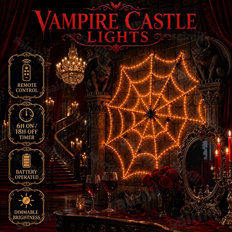 Halloween Led String Lights Orange - ハロウィーンの蜘蛛の巣をモチーフにしたLEDストリングライト。オレンジ色の光で、家の壁やパーティー、ホラー、ホリデーの装飾に最適。