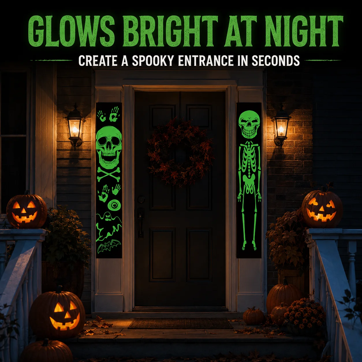 Halloween Skeleton Decoration - 2枚セットの光るハロウィーン装飾バナー。玄関や庭、屋外パーティーの装飾に最適な、骸骨のスカルモチーフの吊り下げ旗。