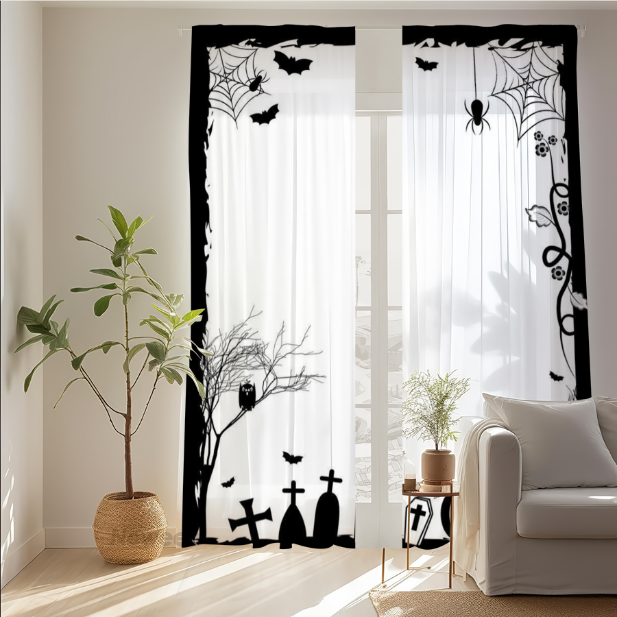 Spider Web Halloween Decoration - 2枚組 デジタルプリント シアーカーテン、蜘蛛の巣墓石墓地ハロウィンウィンドウカーテン リビングルーム寝室の家の装飾用