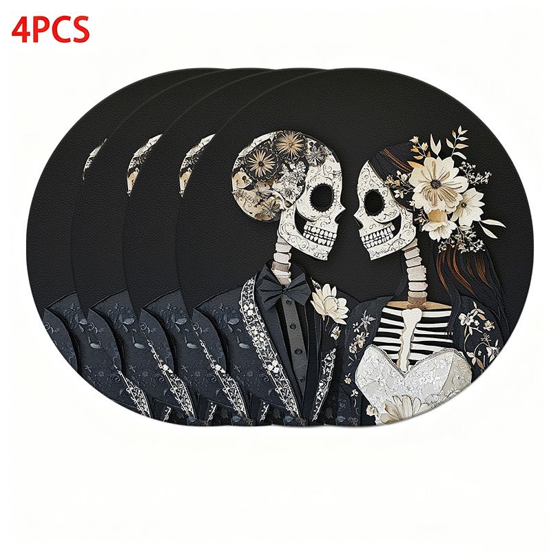Halloween Skeleton Decoration - VIKAMA レトロフラワーウェディングスケルトンカップルミールマット断熱生地テーブルマット死者の日ゴシックマットテーブルデコレーション