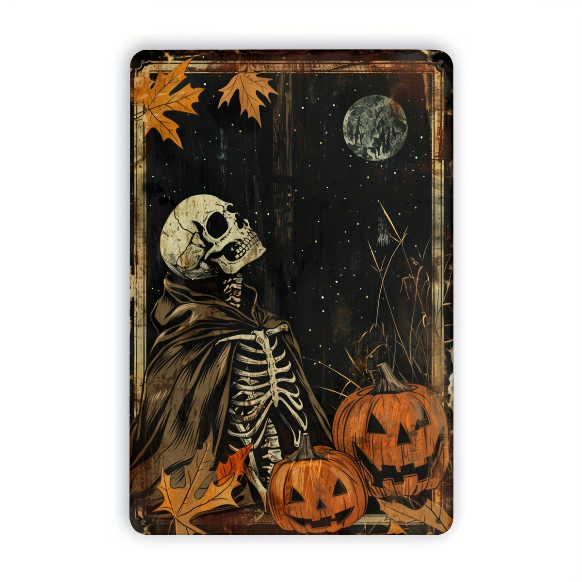 Halloween Skeleton Decoration - ハロウィーンの骸骨とカボチャの金属製サイン - 丈夫で長持ちする壁飾り。ご自宅、オフィス、庭、屋内・屋外での使用に最適。簡単に設置できます。
