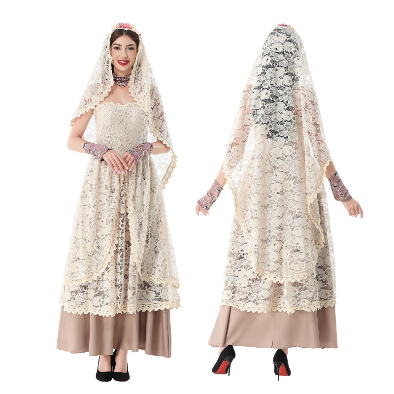 レースのベールが付いた、ストラップレスのフローラル柄ロングガ - Halloween Costume Adult のレビューと価格