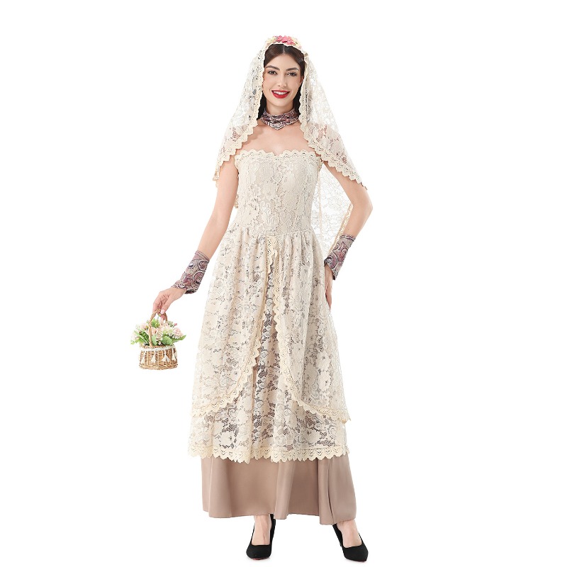 レースのベールが付いた、ストラップレスのフローラル柄ロングガ - Halloween Costume Adult のレビューと価格