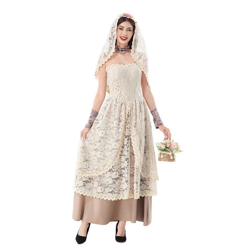 レースのベールが付いた、ストラップレスのフローラル柄ロングガ - Halloween Costume Adult のレビューと価格