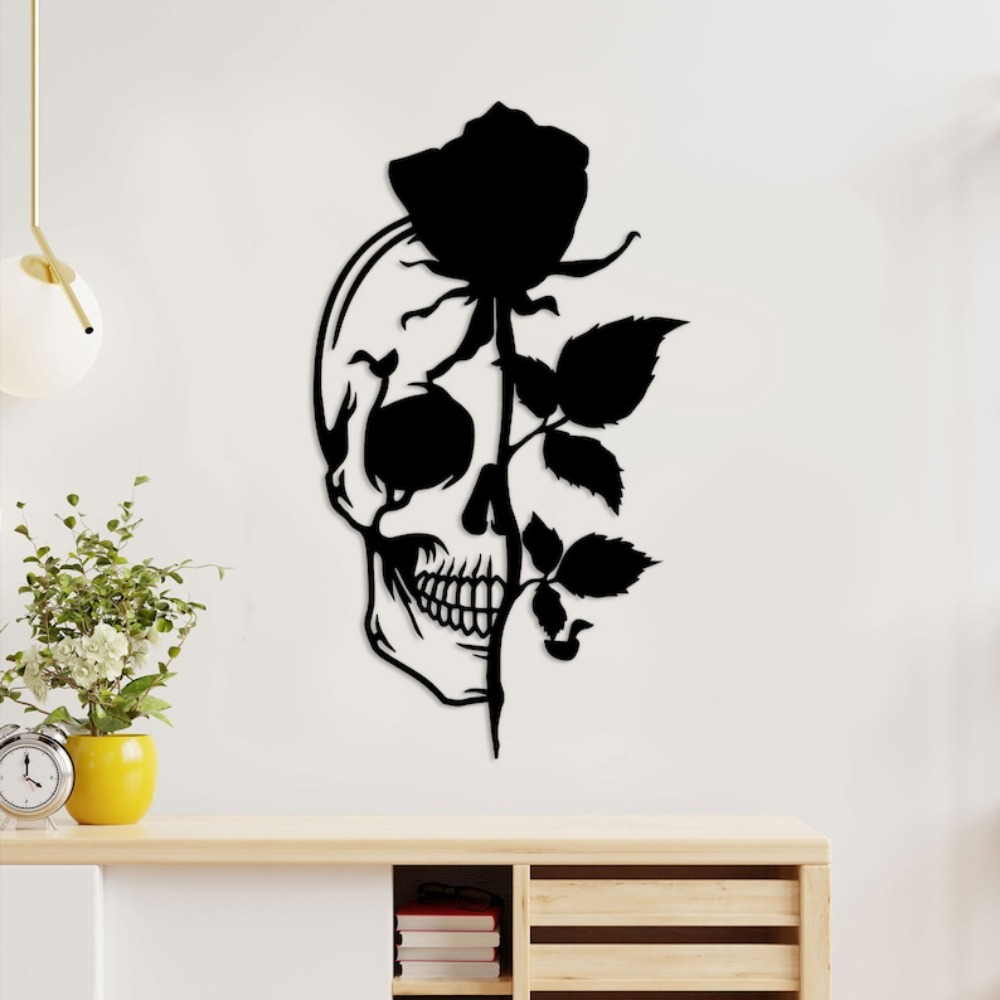ローズメタルのスカルウォールアート、フラワースカルサイン、シ - Halloween Skeleton Decoration のレビューと価格