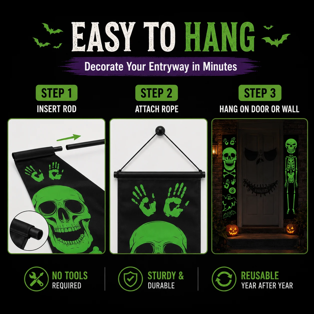 2枚セットの光るハロウィーン装飾バナー。玄関や庭、屋外パーテ - Halloween Skeleton Decoration のレビューと価格