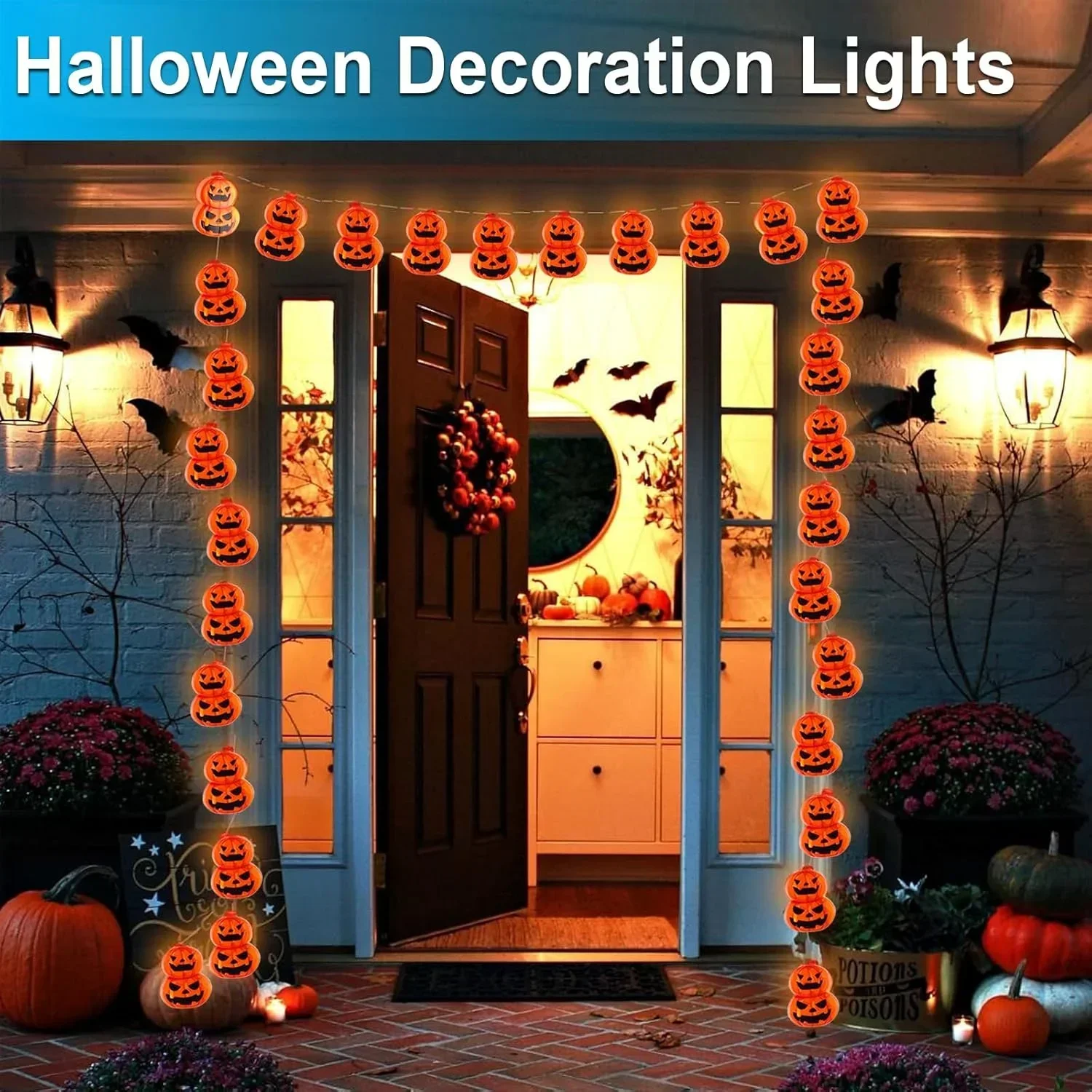 ジャック・オ・ランタン型のストリングライト。電池式で、オレン - Halloween Led String Lights Orange のレビューと価格