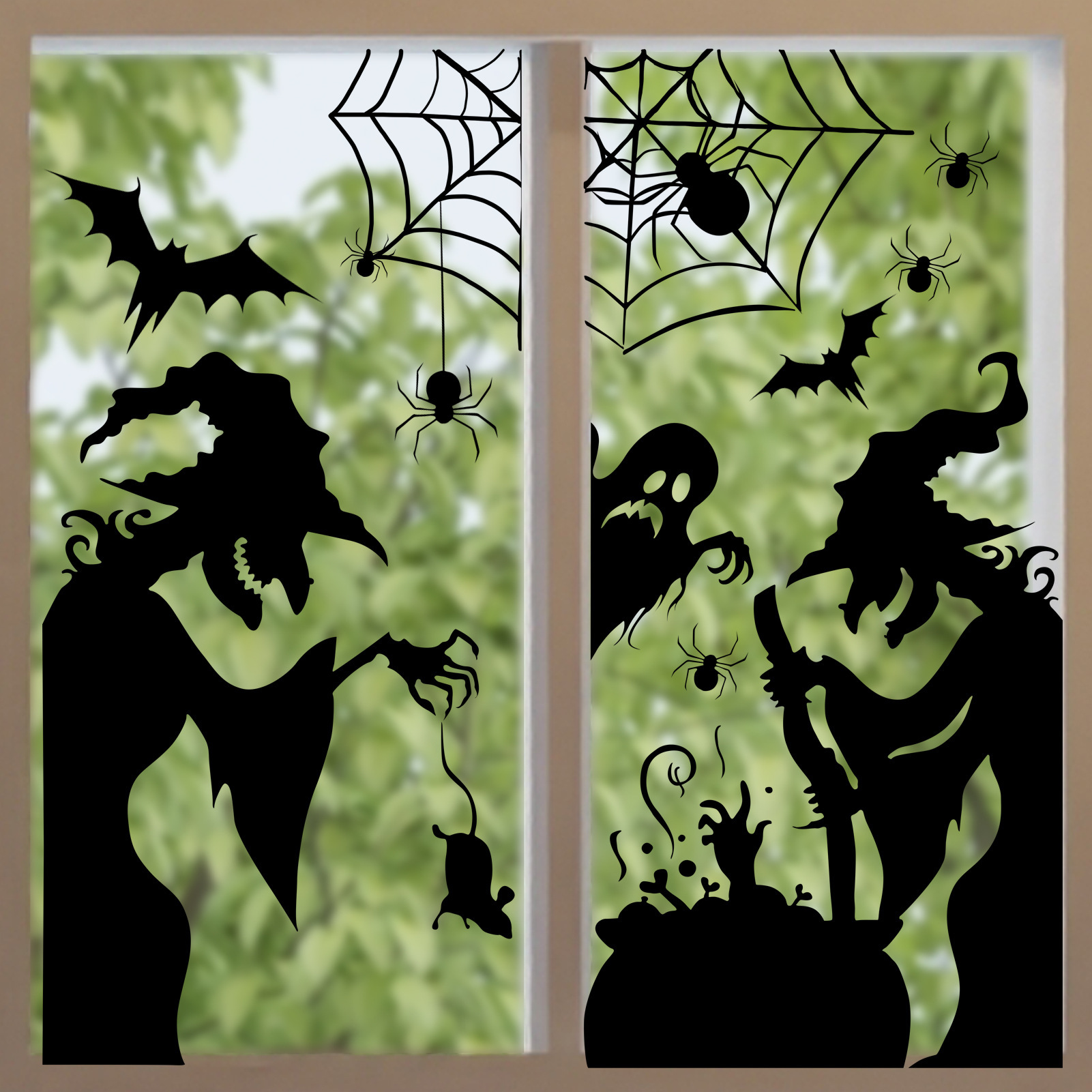 ハロウィーン 静電気式ウィンドウステッカー 恐怖の魔女、幽霊 - Spider Web Halloween Decoration のレビューと価格