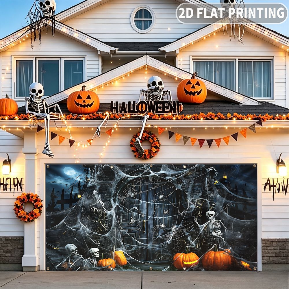 2Dフラット ハロウィンパーティーガレージバナー 1枚、ハロ - Spider Web Halloween Decoration のレビューと価格